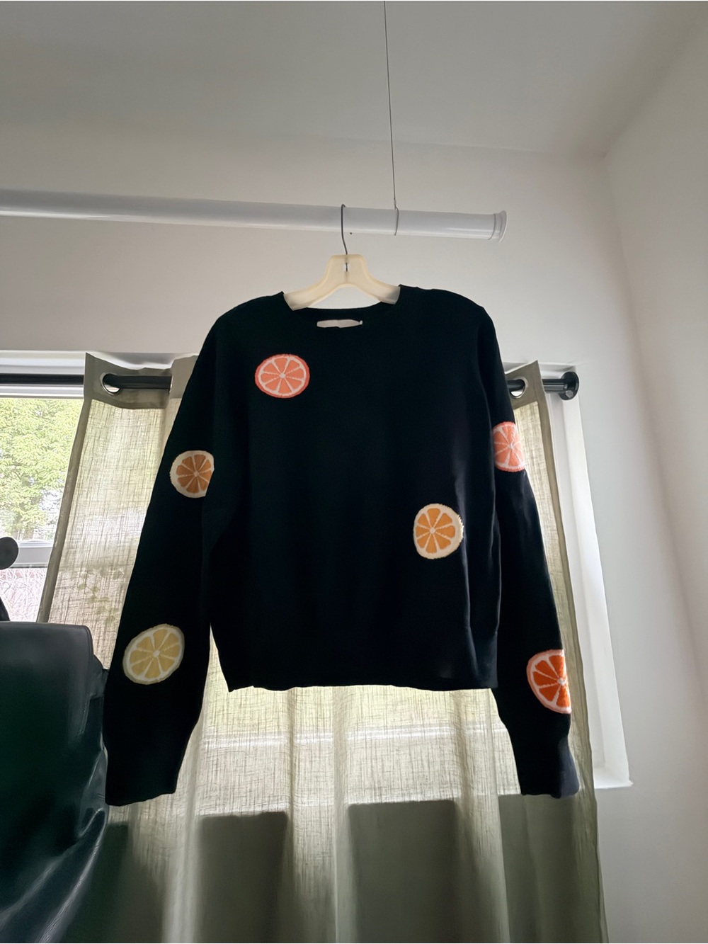 Women's Black Crewneck Sweater with Citrus Patch Details
